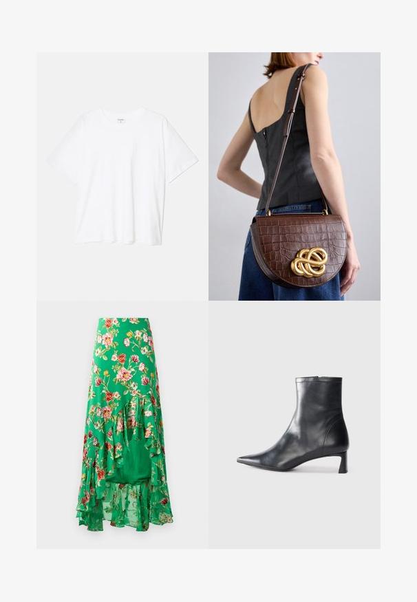 Balta medvilnės marškinėliai trumpomis rankovėmis, apvalia iškirpte, laisvo kirpimo ir su siūtu kraštu. Etiketė matoma vidinėje iškirptės pusėje.; Gėlėta maksi sijonas, pagamintas iš lengvos medžiagos, su žaliai fonu ir įvairių spalvų gėlėmis, bei sluoksniuotais volanų detalėmis apatinėje dalyje.; Juodas odinis kulkšninis batas su smailiu pirštu ir elegantišku dizainu. Turi žemą kulną ir užtrauktuką gale. Lygi tekstūra.; Ruda, krokodilo raštas odinė rankinė su išlenkta, struktūrizuota forma ir auksiniu mazgu. Reguliuojama petneša ir glotni tekstūra.