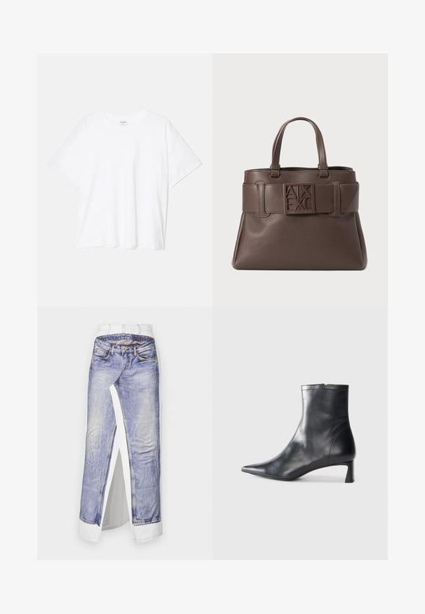 T-shirt en coton blanc avec des manches courtes, un col rond, une coupe décontractée et un ourlet cousu. Étiquette visible à l'intérieur du col.; Jupe en denim avec un imprimé photo de jeans sur un tissu blanc. Présente une taille standard, une fente sur le côté et des coutures détaillées sur les poches.; Bottine en cuir noir avec un bout pointu et un design épuré. Présente un petit talon et une fermeture éclair à l'arrière. Texture lisse.; Sac à main en cuir marron avec texture granuleuse, anses supérieures et un logo bien en vue sur une sangle ressemblant à une ceinture. Présente des accents angulaires et une forme structurée.