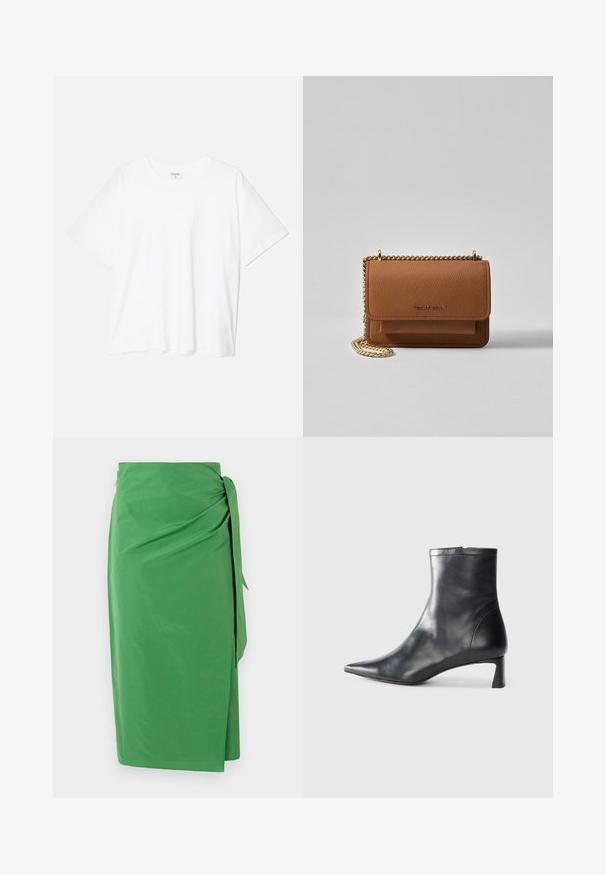 Bijela pamučna majica s kratkim rukavima, okruglim izrezom, opuštenim krojem i šivenim rubom. Etiketa je vidljiva na unutarnjoj strani vrata.; Zelena suknja od lagane tkanine s naglaskom zavezivanja u struku i glatkom teksturom, koja ima bočni prorez za lakše kretanje.; Crne kožne gležnjače s uskim vrhom i elegantnim dizajnom. Imaju niski potpetak i zatvaranje na patentni zatvarač straga. Glatka tekstura.; Smeđa kožna torba preko tijela s teksturom, zlatnim lančićem i preklopom na zatvaranju. Na prednjoj strani nalazi se detalj s potpisom i džep ispod preklopa.
