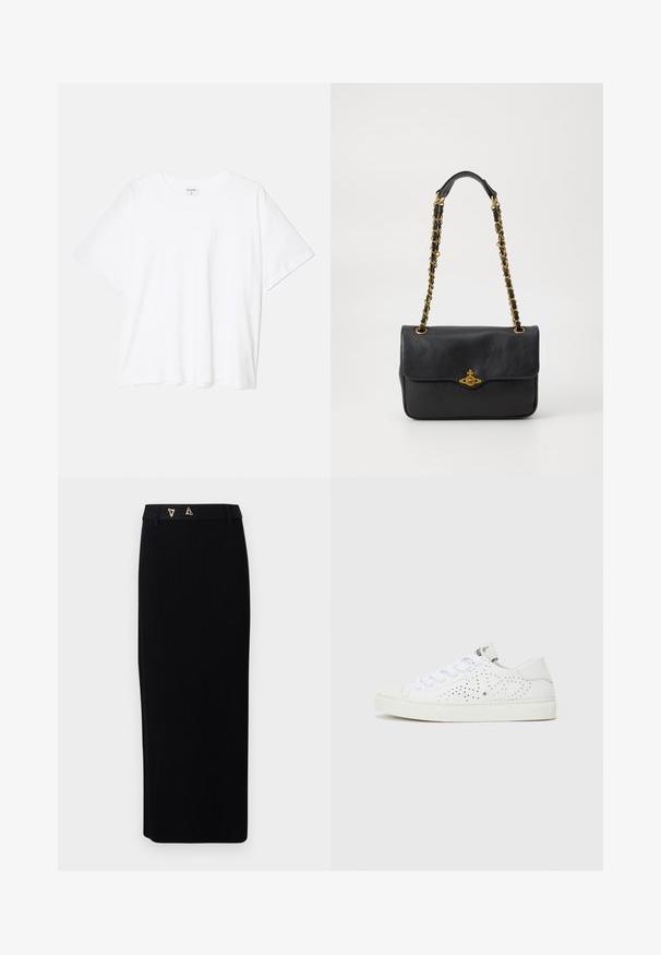 Fehér pamut póló rövid ujjal, kerek nyakkivágással, laza fazonnal és varrott szegéllyel. Címke látható a belső nyakrészén.; AERON FORUM - Ceruzaszoknya - black; Fehér alacsony szárú tornacipők perforált dizájnnal, sima fűzőkkel és texturált gumitalppal. Minimalista stílusúak és puha felületűek.; Fekete bőrtáska hajtókával, arany tónusú lánc pánttal és logóval ellátott részlettel elöl. Simább textúra.