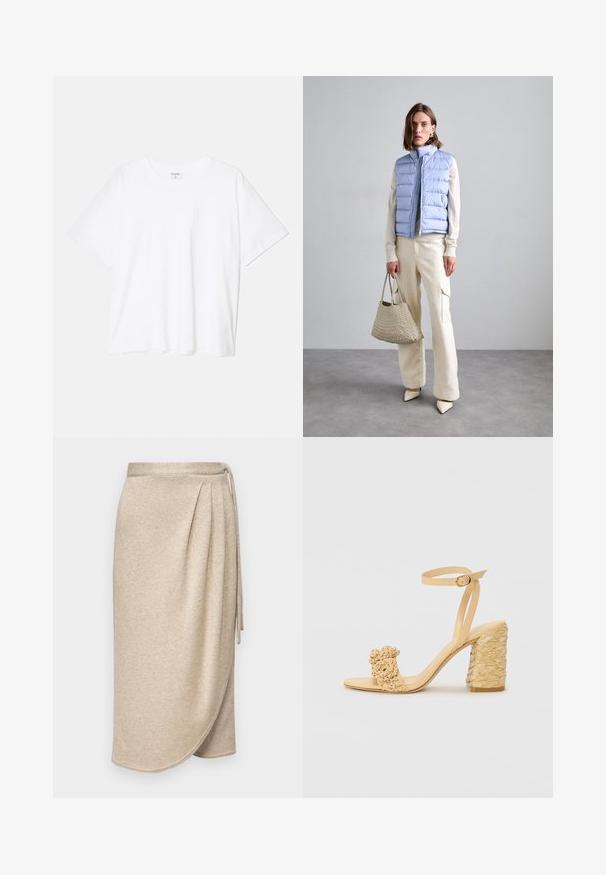 T-shirt en coton blanc avec des manches courtes, un col rond, une coupe décontractée et un ourlet cousu. Étiquette visible à l'intérieur du col.; Jupe portefeuille beige en tissu doux et texturé avec un léger scintillement. Présente une taille nouée et un design drapé avec un ourlet qui s'incurve doucement.; Sandale à talons hauts beige avec une texture tressée, ornée d'une fleur décorative et d'une bride à la cheville. Le talon carré ajoute de la stabilité.; DRAGON DIFFUSION SANTA CROCE BIG - Sac à main - pearl