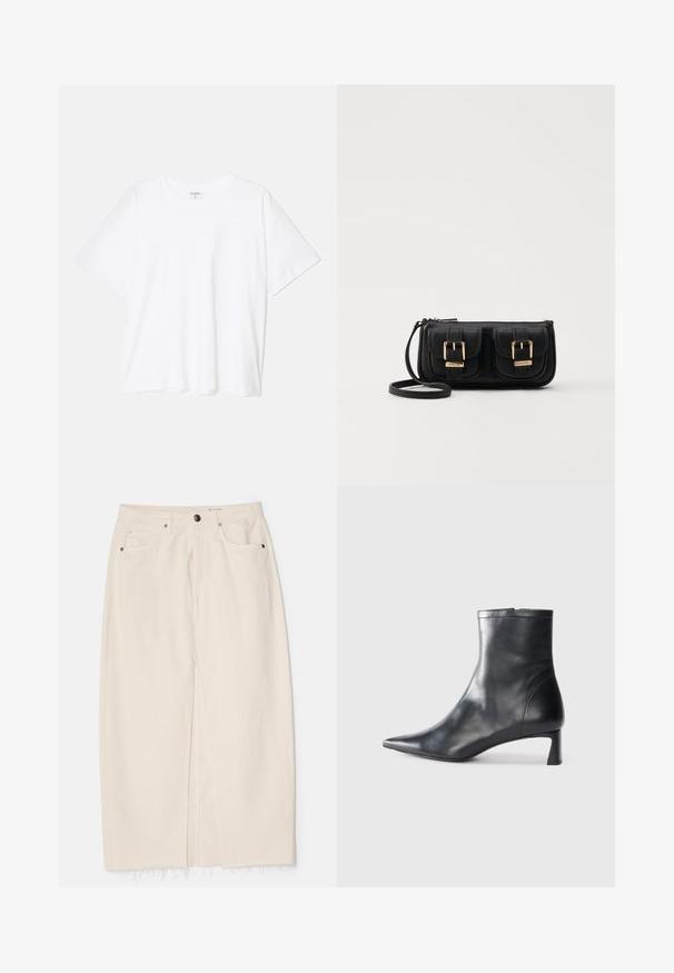 Weißes Baumwoll-T-Shirt mit kurzen Ärmeln, runder Halslinie, lockerer Passform und genähtem Saum. Etikett sichtbar am inneren Kragen.; rag & bone AVERY SKIRT - Jeansrock - ecru; Schwarze Lederstiefelette mit spitzer Zehe und schlankem Design. Verfügt über einen niedrigen Absatz und einen Reißverschluss hinten. Glatte Textur.; Schwarze Leder-Umhängetasche mit zwei vorderen Taschen, goldenen Schnallen, Reißverschluss und einem schmalen Tragegurt. Texturierte Oberfläche und kompakte rechteckige Form.