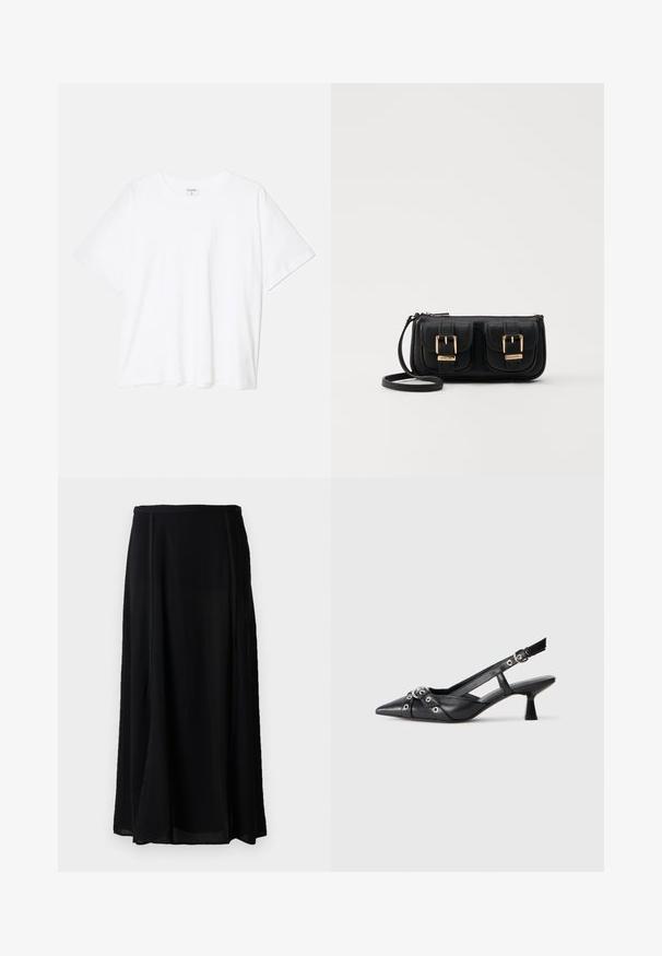 White cotton t-shirt with short sleeves, round neckline, relaxed fit, and stitched hem. Label visible on the inside neck.; Black maxi skirt made of lightweight material, featuring a flowy design, solid black color, and subtle side seam details.; Black leather slingback shoe with a pointed toe, decorative straps featuring metal eyelets, and a low block heel. Textured surface.; Black leather crossbody bag with two front pockets, gold buckles, zipper closure, and a slim strap. Textured surface and compact rectangular shape.