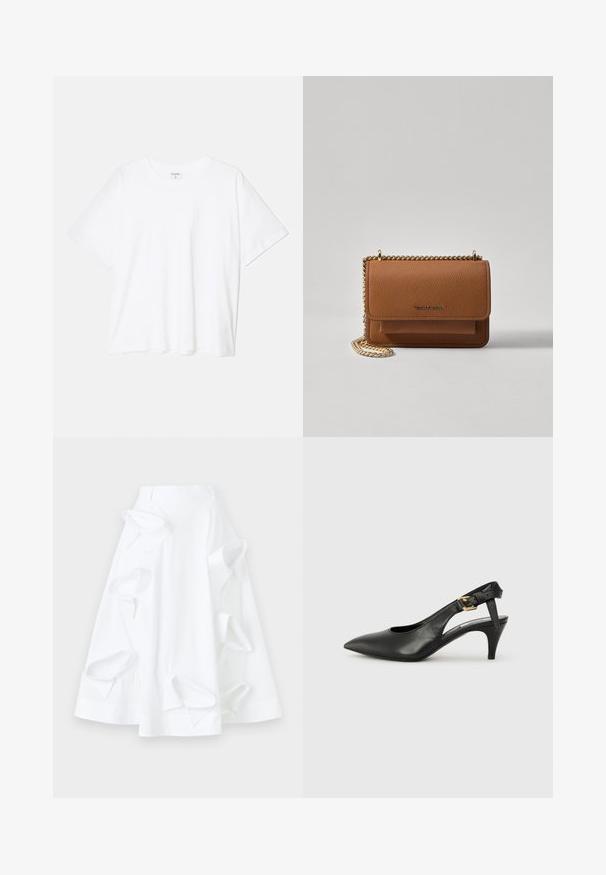 Camiseta de algodón blanca con mangas cortas, escote redondo, corte relajado y dobladillo cosido. Etiqueta visible en el interior del cuello.; Falda blanca en línea A hecha de algodón, con detalles de cortes sobredimensionados y una textura suave. Incluye una cinturilla estructurada.; Zapato de tacón destalonado de cuero negro con punta afilada, tacón pequeño y detalle de hebilla en la correa del tobillo. Textura suave, diseño minimalista.; Bolso crossbody de cuero texturizado marrón con correa de cadena dorada y cierre de solapa. La parte frontal presenta un detalle de logo y un bolsillo debajo de la solapa.