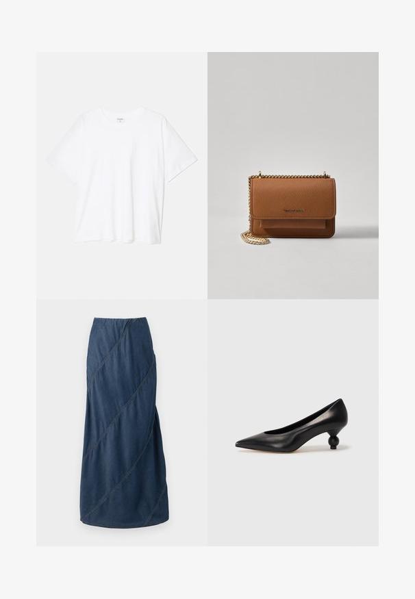 Weißes Baumwoll-T-Shirt mit kurzen Ärmeln, runder Halslinie, lockerer Passform und genähtem Saum. Etikett sichtbar am inneren Kragen.; Jeansmaxirock in Dunkelblau, mit diagonalen Nähmustern und einem elastischen Bund für eine strukturierte, fließende Silhouette.; Schwarze Leder-Pumps mit spitzem Zehenbereich und runder, ballförmiger Ferse. Glatte Textur mit einem eleganten, minimalistischen Design.; Braune strukturierte Ledertasche mit goldener Kettenriemen und Klappenverschluss. Die Vorderseite zeigt ein Logo-Detail und eine Tasche unter der Klappe.
