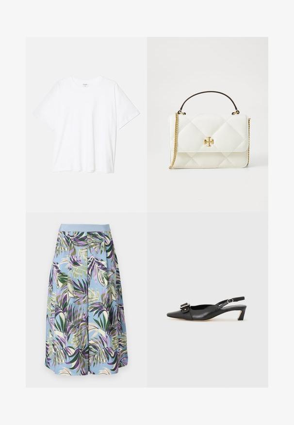 Bela bombažna majica s kratkimi rokavi, okroglim izrezom, sproščenim krojem in šivanim robom. Oznaka vidna na notranji strani izreza.; Krilo do kolen z modro podlago in živahnim tropskim vzorcem listov v zeleni, vijolični in bež barvi, zaključeno z svetlo modrim pasom.; Črne usnjene slingback čevlje z ostrim nosom, majhnim petam in dekorativno sponko na zgornjem delu. Gladka tekstura, minimalistična zasnova.; Bela quiltana torbica z zlatim dodatki, ki ima verižni trak in kratko ročko. Na sprednji strani se izstopajoče nahaja okrasni logo.