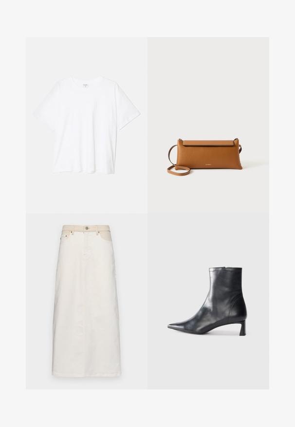 Bijela pamučna majica s kratkim rukavima, okruglim izrezom, opuštenim krojem i šivenim rubom. Etiketa je vidljiva na unutarnjoj strani vrata.; Bijela traper suknja s visokim strukom, prednjim džepovima i ravnim krojem. Ima kontrastne šavove i zatvaranje na gumbe i patentni zatvarač.; Crne kožne gležnjače s uskim vrhom i elegantnim dizajnom. Imaju niski potpetak i zatvaranje na patentni zatvarač straga. Glatka tekstura.; Smeđa kožna torbica, pravokutnog oblika, teksturirane površine, s odvojivim remenom, zatvaranjem na patentni zatvarač, diskretni logotip utisnut sprijeda.