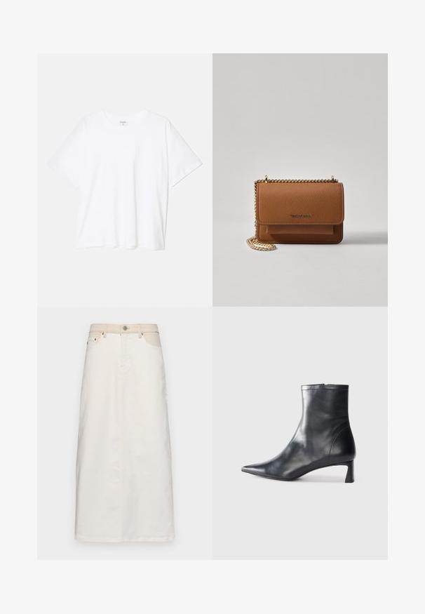 T-shirt de algodão branco com mangas curtas, decote redondo, corte descontraído e bainha cosida. Etiqueta visível no interior do pescoço.; Saia de denim branca com cintura alta, bolsos frontais e corte reto. Apresenta costuras em contraste e um fecho com botão e zíper.; Bota de tornozelo em pele preta com biqueira apontada e um design elegante. Apresenta um salto baixo e um fecho com zipper na parte de trás. Textura suave.; Bolsa crossbody de couro texturizado castanho com alça de corrente dourada e fecho com aba. A parte da frente apresenta detalhe do logótipo e um bolso sob a aba.