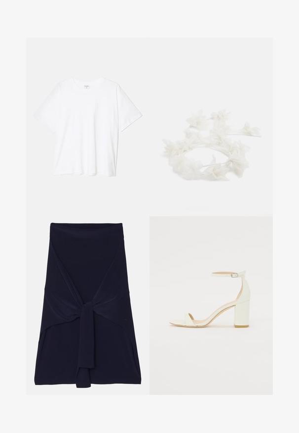 T-shirt bianco in cotone con maniche corte, scollo rotondo, vestibilità comoda e orlo cucito. Etichetta visibile all'interno del colletto.; Gonna avvolgente blu navy realizzata in tessuto morbido e stretch, con un design annodato nella parte anteriore, caratterizzata da una texture liscia e bordi rifiniti.; Sandal con tacco cubano bianco in pelle, caratterizzata da una cinghia alla caviglia con fibbia e design minimalista. Punta aperta e texture liscia in tutto il sandalo.; Fascia floreale realizzata con petali bianchi e una fascia sottile e flessibile. I petali sono morbidi e leggeri, creando un aspetto delicato e stratificato.