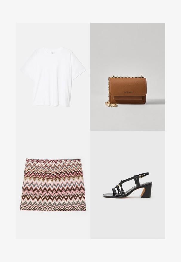 Tricou alb din bumbac, cu mâneci scurte, guler rotund, croi lejer și tiv cusut. Eticheta este vizibilă pe interiorul gulerului.; Fustă cu model în zigzag multicolor, în nuanțe de roz, maro și crem, dotată cu un tiv drept și o textură netedă.; Paul Smith AMIRA - Pantofi clasici cu toc - black; Geantă crossbody din piele texturată maro, cu curea din lanț aurit și închidere cu clapetă. Partea din față prezintă detalii cu logo și o buzunar sub clapetă.