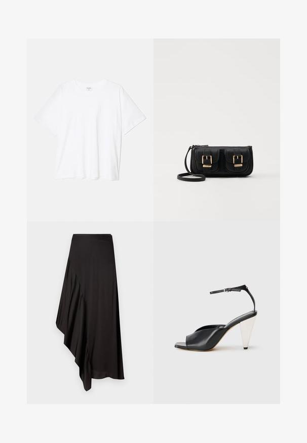 Valge puuvillane T-särk lühikeste varrukatega, ümmargune kaelus, mugav lõige ja õmmeldud serv. Silt nähtav kaela seest.; AERON ASTER SKIRT - Pliiatsseelik - black; Must mustril kõrge kontsaga sandaalid avatud varbaga, asümmeetrilise disainiga, pahkluukeevikuga ja metallilise koonusja kontsaga. Ühtlane tekstuur üle kogu.; Must küllastamata nahast õlakott, millel on kaks esist nähtavat taskut, kuldsed pandlad, tõmblukuga sulgemine ja peen rihm. Tekstuuriga pind ja kompaktne ristkülikukujuline kuju.