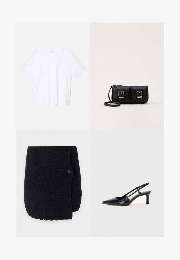 Valge puuvillane T-särk lühikeste varrukatega, ümmargune kaelus, mugav lõige ja õmmeldud serv. Silt nähtav kaela seest.; Mustra musternuga mustriga musterdiskangastusega musternuga, kahe suure nööbi ja lainetava äärisega. Pehme materjal ja mugav disain.; Mustmust paelad, millel on terav varvas, tekstuuriga maduprindiga, reguleeritav rihm ja lühike tekstuuriga plokknina.; Must küllastamata nahast õlakott, millel on kaks esist nähtavat taskut, kuldsed pandlad, tõmblukuga sulgemine ja peen rihm. Tekstuuriga pind ja kompaktne ristkülikukujuline kuju.