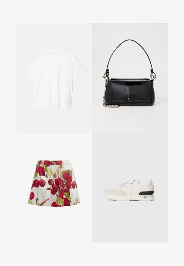 Tricou alb din bumbac, cu mâneci scurte, guler rotund, croi lejer și tiv cusut. Eticheta este vizibilă pe interiorul gulerului.; Fustă albă plisată cu un imprimeu vibrant de cireșe în roșu și verde. Țesătura pare ușoară, având o textură netedă.; Adidași albi cu vârf din suede texturat, parte superioară din plasă netedă, șireturi decorative și un accent din cauciuc negru la toc.; Geantă din piele patent neagră, cu o formă rectangulară, mânere din lanț și un accent distinctiv din metal în centru. Textură netedă.