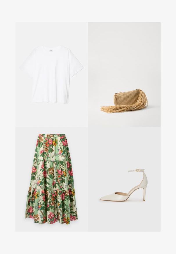 T-shirt de algodão branco com mangas curtas, decote redondo, corte descontraído e bainha cosida. Etiqueta visível no interior do pescoço.; Saia maxi floral com um padrão listrado em verde e bege, apresentando flores em rosa e amarelo, camadas franzidas e uma cintura elástica.; Sapato de salto alto em pele branca com biqueira pontiaguda, faixa no tornozelo e um salto fino de stiletto. Textura suave com um leve acabamento brilhante.; Cult Gaia VIERA - Carteira de mão - natural