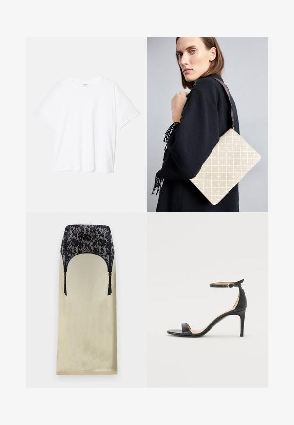 Tricou alb din bumbac, cu mâneci scurte, guler rotund, croi lejer și tiv cusut. Eticheta este vizibilă pe interiorul gulerului.; Body din dantelă cu un top din dantelă florală neagră și un fund din satin bej, având bretele ajustabile negre și accente cu ciucuri. Siluetă clasică.; Sandale cu toc înalt din piele neagră, cu barete pentru glezne. Prezintă o textură netedă, vârf deschis și un toc subțire. Detalii cu cataramă de culoare aurie.; Geantă de umăr cu model bej, având o formă structurată, cu o curea texturată de culoare marron. Purtață de un model pe un fundal gri.