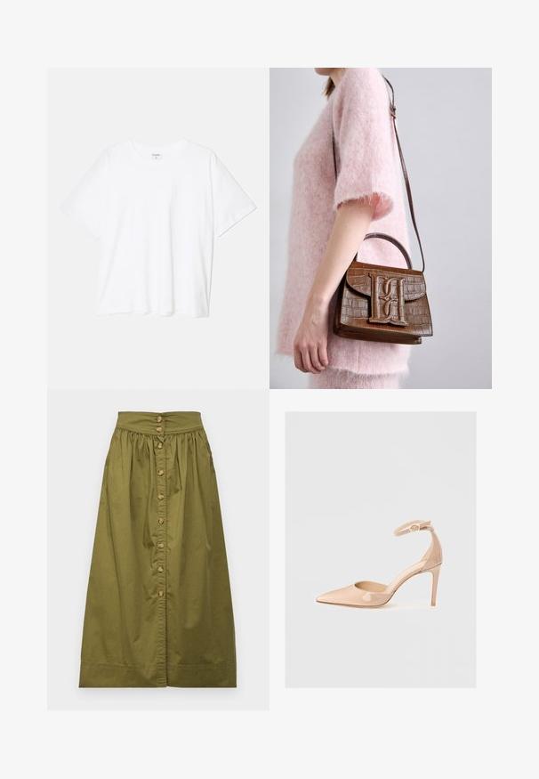 Camiseta de algodón blanca con mangas cortas, escote redondo, corte relajado y dobladillo cosido. Etiqueta visible en el interior del cuello.; Vanessa Bruno DARJA - Falda acampanada - safari; Zapato de charol nude con punta afilada, correa en el tobillo y tacón de aguja, que presenta una textura suave y un diseño minimalista.; Bolso de mano marrón con estampado de cocodrilo, que incluye un asa superior y una correa para el hombro. Presenta un logo prominente en la solapa frontal. Textura suave.