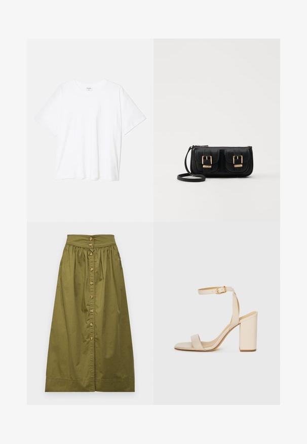 Valge puuvillane T-särk lühikeste varrukatega, ümmargune kaelus, mugav lõige ja õmmeldud serv. Silt nähtav kaela seest.; Vanessa Bruno DARJA - A-lõikeline seelik - safari; Beez värvi kõrge kontsaga sandaal ruudukujulise varba, peene pahkluu rihma ja plokknupuga. Sile nahk текстuur kuldse pandlaga detailiga.; Must küllastamata nahast õlakott, millel on kaks esist nähtavat taskut, kuldsed pandlad, tõmblukuga sulgemine ja peen rihm. Tekstuuriga pind ja kompaktne ristkülikukujuline kuju.