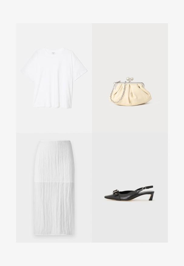 Balta kokvilnas T-krekls ar īsām piedurknēm, apaļu dekoltē, brīva piegriezuma un šūtu apakšmalu. Etiķete redzama iekšējā kakla daļā.; Balta ceļgala garuma svārki, izgatavoti no teksturēta auduma ar vertikālām krokām, ar gludu jostasvietu un taisnu siluetu.; Melnas ādas siksnu kurpes ar smailu pirkstu, nelielu papēdi un dekoratīvu sprādzi augšdaļā. Gluda tekstūra, minimālistisks dizains.; Rūpīgi pleatota bežīga ādas somiņa ar sudraba metāla rāmi, kurai ir divas apaļas dekoratīvas sprādzes un sudraba ķēdes siksna.