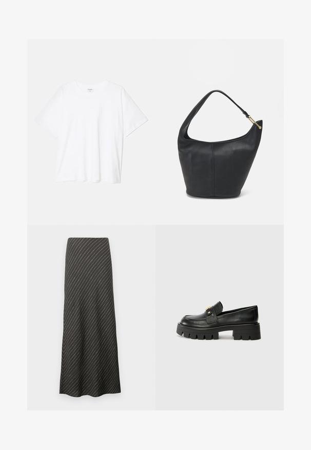 Weißes Baumwoll-T-Shirt mit kurzen Ärmeln, runder Halslinie, lockerer Passform und genähtem Saum. Etikett sichtbar am inneren Kragen.; Schwarzer Midirock mit diagonalen weißen Streifen, aus einem glatten Material. Verfügt über ein ausgestelltes Design und eine A-Linien-Silhouette.; Schwarze Lederloafers mit einer klobigen Sohle, die an der Vorderseite ein goldfarbenes Akzent und eine glatte Oberfläche aufweisen. Klobiges Profil-Design auf der Sohle.; Schwarze Lederhandtasche mit abgerundeter Form, breitem Tragegurt und strukturiertem Finish. Besitzt eine subtile Nahtdetails und einen Akzent aus goldfarbenem Metall.