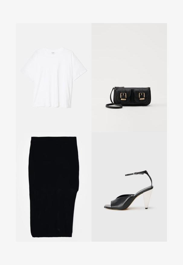 Bela bombažna majica s kratkimi rokavi, okroglim izrezom, sproščenim krojem in šivanim robom. Oznaka vidna na notranji strani izreza.; Črna krilo do kolen iz mrežastega materiala s prilegajočim krojem in elastičnim pasom, ki ima teksturirano površino.; Črne usnjene sandale s peto, odprto toe, asimetričnim dizajnom, zaponko okoli gležnja in kovinsko stožčasto peto. Gladka tekstura po celotni površini.; Črna usnjena torbica čez ramo z dvema sprednjima žepoma, zlatimi zaponkami, zadrgo in ozkim pasom. Tekstura površine je strukturirana, obliko pa ima kompaktno pravokotno.