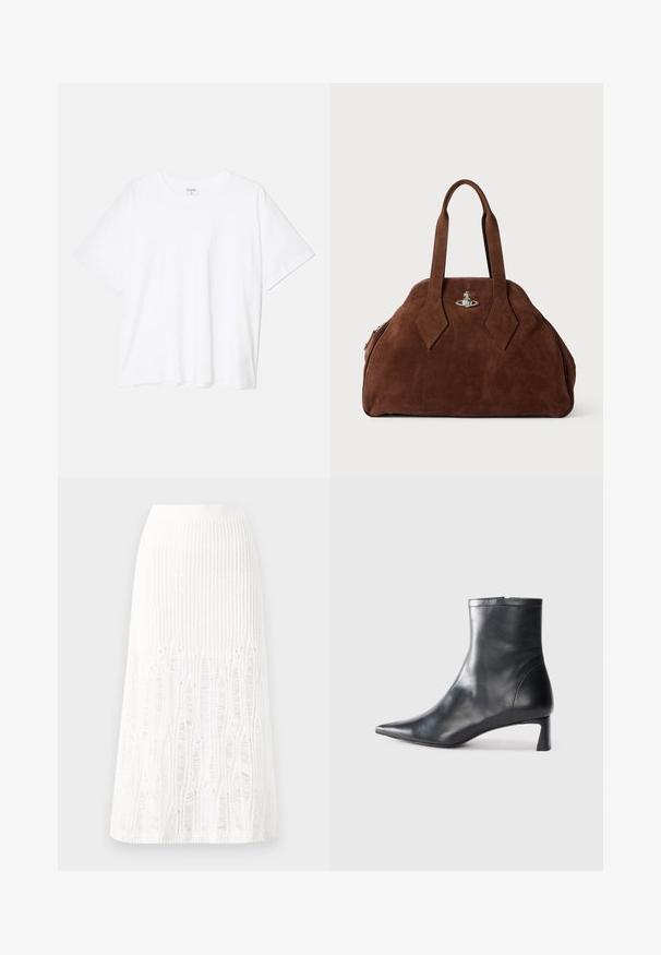 Witte katoenen t-shirt met korte mouwen, ronde halslijn, comfortabele pasvorm en gestikte zoom. Etiket zichtbaar aan de binnenzijde van de hals.; Gehaakte witte midi rok met een textuurpatroon met verticale lijnen en uitsparingen nabij de zoom. Elastische tailleband. Zacht materiaal.; Zwarte leren enkellaars met een spitse neus en een slank ontwerp. Heeft een lage hak en een ritssluiting aan de achterkant. Gladde textuur.; Bruine suède handtas met een gestructureerde vorm, ronde body en verlengde ruitvormige handvatten. Voorzien van een sluiting met zilveren hardware.