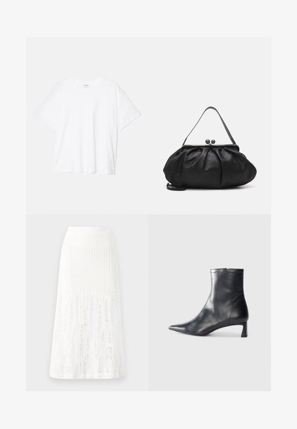 Bijela pamučna majica s kratkim rukavima, okruglim izrezom, opuštenim krojem i šivenim rubom. Etiketa je vidljiva na unutarnjoj strani vrata.; Pleteni bijeli midi suknja s teksturiranim uzorkom sa vertikalnim linijama i izrezanim detaljima blizu rubova. Elastična visoka struk. Mekani materijal.; Crne kožne gležnjače s uskim vrhom i elegantnim dizajnom. Imaju niski potpetak i zatvaranje na patentni zatvarač straga. Glatka tekstura.; Crna kožna torba s zaobljenim, naboranim dizajnom. Ima metalnu kopču s dva ukrasna gumba i tanki, odvojivi remen.