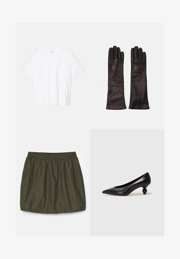 Valge puuvillane T-särk lühikeste varrukatega, ümmargune kaelus, mugav lõige ja õmmeldud serv. Silt nähtav kaela seest.; Olive roheline, kerge seelik elastse vöökoha, volditud tekstuuri, küljetaskute ja õmblusega detailidega.; Must musta kõrge kontsaga king, millel on terav nina ja ümar, pallikujuline konts. Sile pind ja elegantne, minimalistlik disain.; Weekend Max Mara SENAPE - Sõrmkindad - nero