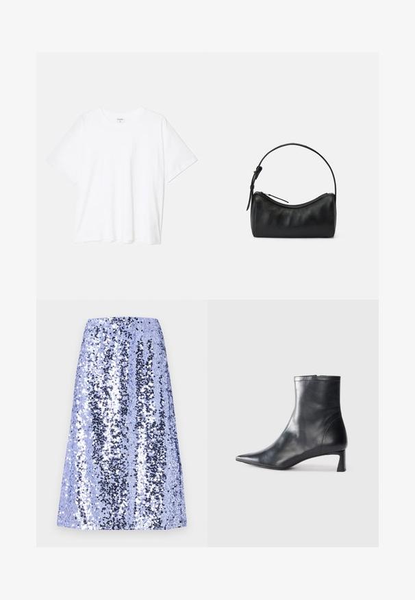 Fehér pamut póló rövid ujjal, kerek nyakkivágással, laza fazonnal és varrott szegéllyel. Címke látható a belső nyakrészén.; Térdigi érő szoknya, fényes kék flitterekből, fekete kiegészítőkkel, egyenes vonalvezetéssel és sima textúrával.; Fekete bőr bokacsizma hegyes orral és letisztult dizájnnal. Alacsony sarka és hátsó cipzáras záródása van. Simának tűnő textúra.; Fekete bőr válltáska ívelt formával, cipzáros záródással és vékony pánttal. Simaságot és diszkrét varrási részleteket kínál.