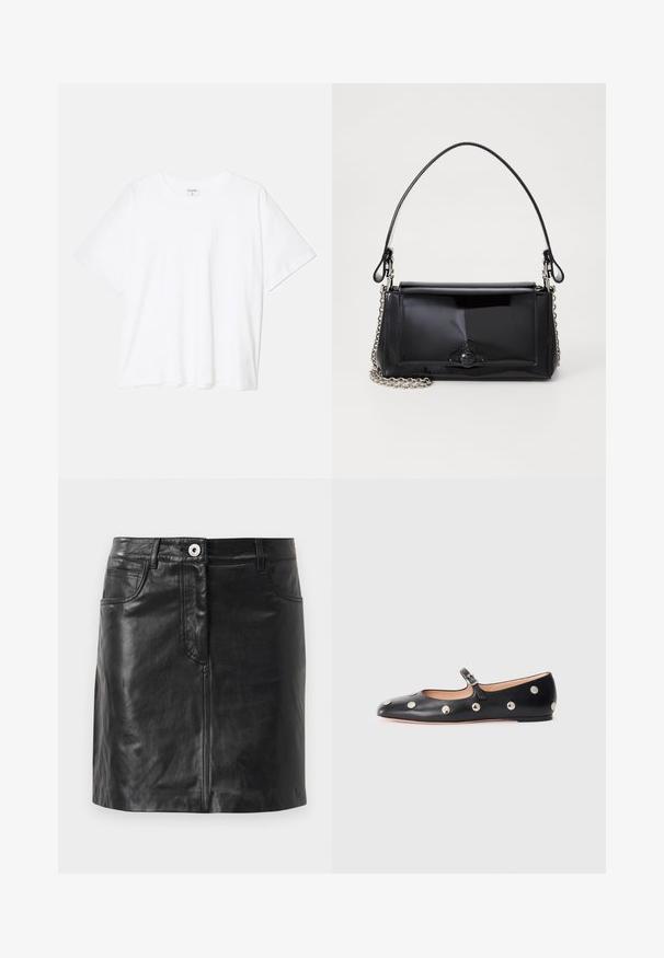 Balta medvilnės marškinėliai trumpomis rankovėmis, apvalia iškirpte, laisvo kirpimo ir su siūtu kraštu. Etiketė matoma vidinėje iškirptės pusėje.; Weekend Max Mara HULL - Pieštukinis sijonas - nero; Juodų odinių Mary Jane plokščių batų su apvaliu pirštu, papuoštų sidabriniais apvaliais nagais ir reguliuojamu dirželiu su sagtimi.; Juodas lakinės odos rankinės ilgis stačiakampis, su grandinėlės dirželiu ir išskirtiniu metaliniu akcentu centre. Lygus paviršius.