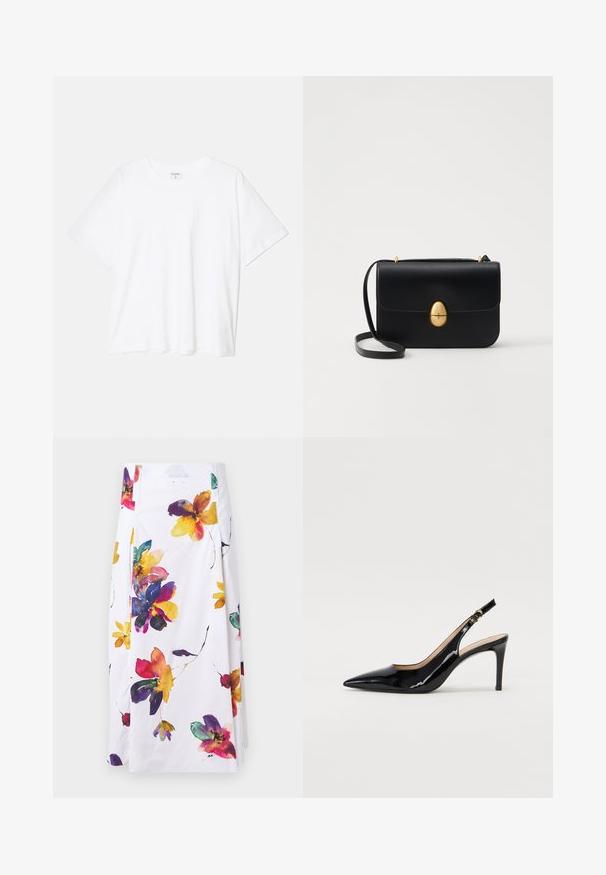 White cotton t-shirt with short sleeves, round neckline, relaxed fit, and stitched hem. Label visible on the inside neck.; White floral skirt featuring colorful watercolor flower patterns in purple, yellow, and red; pleated design with side fastening details.; Black patent leather slingback pump with pointed toe, slim heel, and a subtle cutout design. Features a gold buckle on the strap.; Black leather handbag with a structured rectangular shape. Features a golden oval clasp and a thin shoulder strap. Smooth texture.