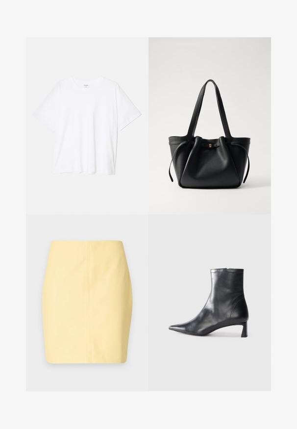 Bijela pamučna majica s kratkim rukavima, okruglim izrezom, opuštenim krojem i šivenim rubom. Etiketa je vidljiva na unutarnjoj strani vrata.; Žuta mini suknja glatke teksture i uskog kroja, s čistim dizajnom i minimalnim šavnim detaljima.; Crne kožne gležnjače s uskim vrhom i elegantnim dizajnom. Imaju niski potpetak i zatvaranje na patentni zatvarač straga. Glatka tekstura.; Crna kožna torba za nošenje s dva dugačka remena, skupljenim vrhom i zlatnim okruglim detaljem. Glatka tekstura s minimalističkim dizajnom.