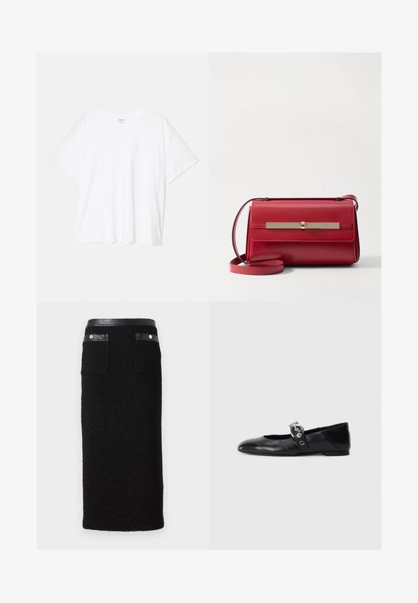 Balta medvilnės marškinėliai trumpomis rankovėmis, apvalia iškirpte, laisvo kirpimo ir su siūtu kraštu. Etiketė matoma vidinėje iškirptės pusėje.; Juoda pieštuko sijonas, pagamintas iš tekstūruoto audinio, su lygiu juodu juosmeniu, dviem užpakalinėmis kišenėmis su sidabriniais akcentais.; Juodų odinių baletinių batelių su smailiu nosiu, su užrišamu dirželiu su apvalia metaline sagtimi ir plokščiu padu.; Stuart Weitzman POSH SHOULDER BAG - Rankinė per petį - cherry