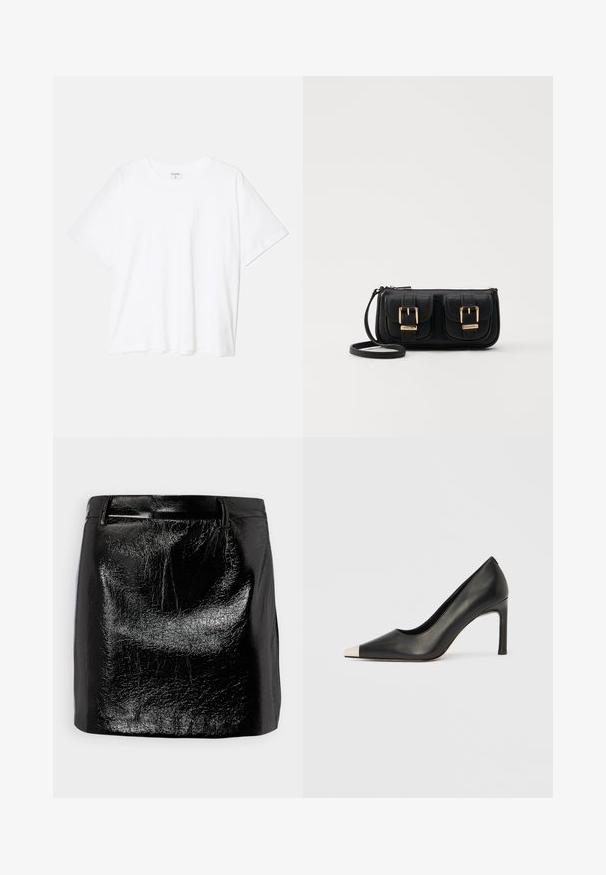 Hvit bomulls t-skjorte med korte ermer, rund hals, avslappet passform og sydd kant. Merke synlig på innsiden av halsen.; Svart skinnminiskjørt med en blank overflate, som har en glatt tekstur, rett snitt og subtile sømdetaljer i midjen.; Svart lærsko med høye hæler, spiss tå og metallisk sølvhette. Har en glatt finish og en slank hæl på 10 cm.; Svart skinn crossbody veske med to frontlommer, gyldne spenner, glidelåslukking og en slank stropp. Teksturert overflate og kompakt rektangulær form.