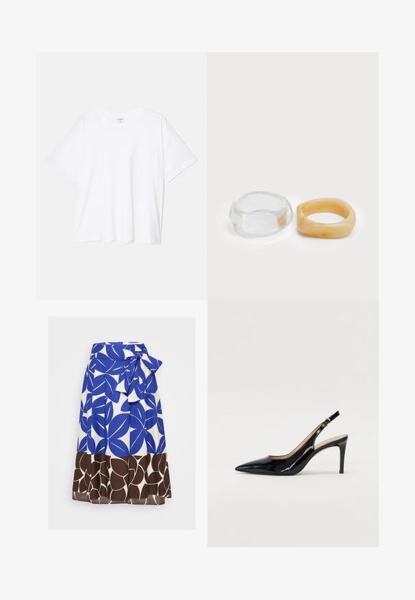 T-shirt de algodão branco com mangas curtas, decote redondo, corte descontraído e bainha cosida. Etiqueta visível no interior do pescoço.; Saia azul e branca com um padrão de folhas ousado, com uma cintura amarrada e uma bainha inferior floral castanha. Feita de um tecido leve.; Sandal com salto em verniz preto, bico fino, salto esguio e um design de recorte subtil. Apresenta uma fivela dourada na alça.; Anéis de resina clara e âmbar, um liso e transparente, o outro com um acabamento texturizado em âmbar. Ambos apresentam designs arredondados e robustos.
