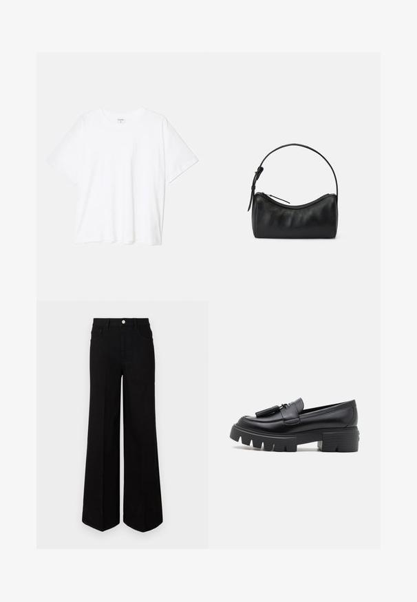 Tricou alb din bumbac, cu mâneci scurte, guler rotund, croi lejer și tiv cusut. Eticheta este vizibilă pe interiorul gulerului.; Jeanși negri cu picior larg, fabricați dintr-un material rezistent, având talie înaltă, buzunare frontale și închidere cu nasture în față. Tăietură dreaptă la bază.; Stuart Weitzman NOLITA TASSEL LOAFER - Tocuri platformă - black; Geantă de umăr din piele neagră cu un design curbat, închidere cu fermoar și un bareta subțire. Prezintă o textură netedă și detalii discrete de cusătură.