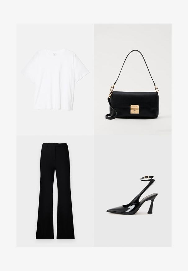 T-shirt en coton blanc avec des manches courtes, un col rond, une coupe décontractée et un ourlet cousu. Étiquette visible à l'intérieur du col.; Pantalons évasés noirs avec une texture lisse, une taille cintrée et des poches avant, conçus avec une silhouette moderne et élégante.; Escarpins noirs en cuir verni avec un bout pointu, sangle ajustable à la cheville et un talon bloc modéré. Texture lisse avec finition brillante.; Sac à main en cuir noir avec une forme rectangulaire plate, quincaillerie dorée et une poignée supérieure. Présente une fermeture à clasp et un détail de logo signature.