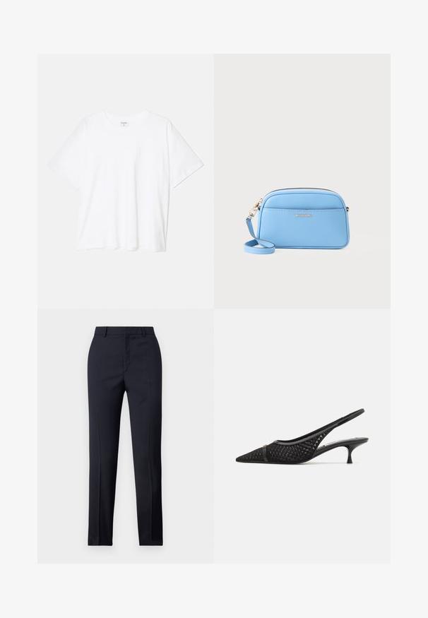 Balta kokvilnas T-krekls ar īsām piedurknēm, apaļu dekoltē, brīva piegriezuma un šūtu apakšmalu. Etiķete redzama iekšējā kakla daļā.; Jūras spēku stila bikses ar taisnu griezumu, ar gludu tekstūru, divām priekšējām kabatām un tīru jostas vietu.; Melnas slingback zābaci ar izteiktu purngalu, teksturētu auduma augšdaļu, zemu kaķa papēdi un dekoratīvu siksniņu detaļu pāri priekšpusei.; Gaiši zila ādas plecu soma ar zeltītām detaļām, ar rāvējslēdzēju un priekšējo kabatu. Iespējams regulēt siksnu, lai nodrošinātu ērtību.