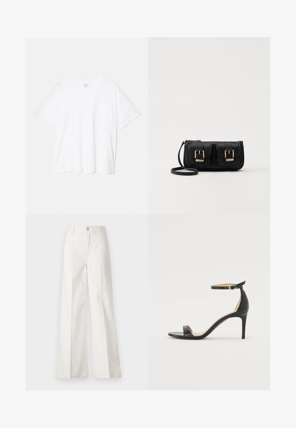 Valkoinen puuvillapaita lyhyillä hihoilla, pyöreällä pääntiellä, rentoa tyyliä ja ommeltu helma. Tunniste näkyvissä sisäkauluksessa.; Valkoiset leveälahkeiset housut, jotka on valmistettu puuvillasta ja joissa on sileä rakenne. Ominaisuuksiin kuuluvat etupainike, vetoketjuluukku ja neljän taskun muotoilu.; Musta nahkainen korkokenkä nilkkahihnalla. Sen pinta on sileä, avotoppi ja ohut korko. Kultasävyinen solk yksityiskohtana.; Musta nahkainen olkalaukku, jossa on kaksi etutaskua, kultaiset soljet, vetoketjukiinnitys ja kapea hihna. Teksturoidun pinnan ja kompaktin suorakaiteen muoto.