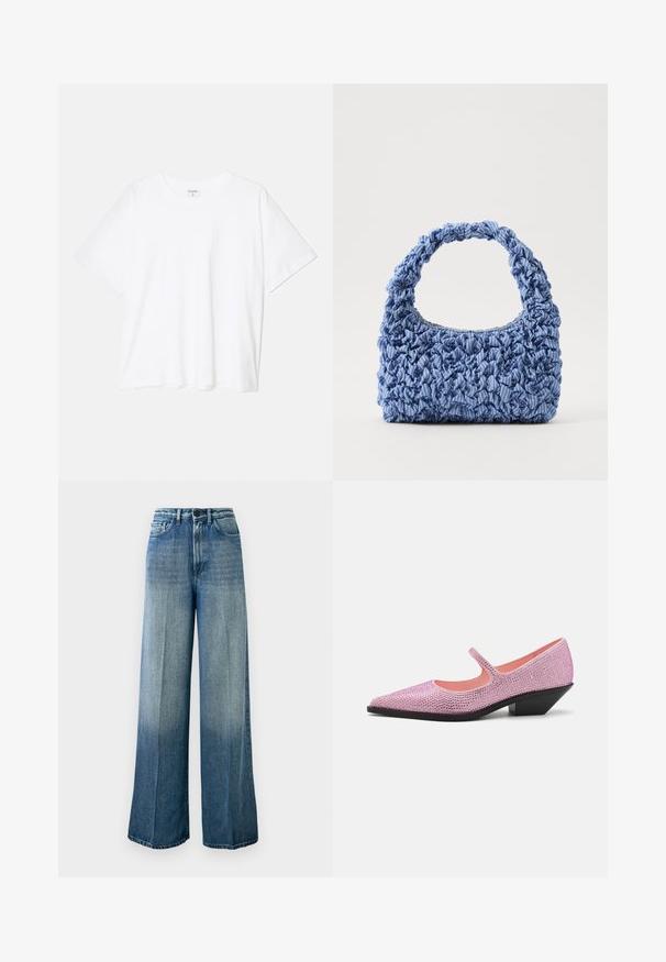 Hvit bomulls t-skjorte med korte ermer, rund hals, avslappet passform og sydd kant. Merke synlig på innsiden av halsen.; Lys blå, vide jeans laget av denim. Har høy midje, klassisk fem-lomme design, og en falmet gradient fra mørk til lys.; Rosa rhinestones-beriket Mary Jane-sko med spiss tå, åpne sider og en lav, skrå svart hæl. Glatt innersåle.; Blå stoffhåndveske med en samlet tekstur og tykk, rynket håndtak. Har subtile stripete mønstre gjennom hele. Kompakt rektangulær form.