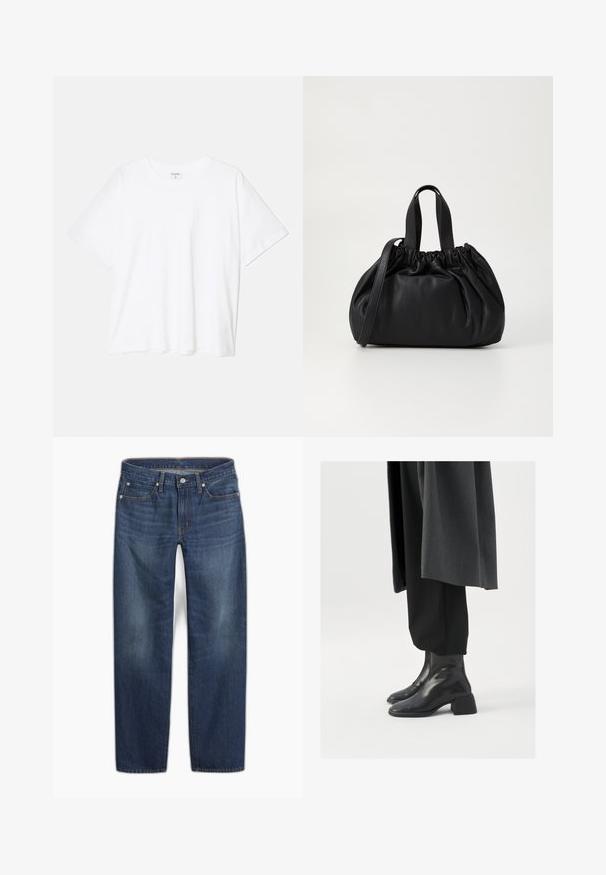 White cotton t-shirt with short sleeves, round neckline, relaxed fit, and stitched hem. Label visible on the inside neck.; Dark blue denim jeans with a straight leg design. Features include a button closure, five pockets, and subtle fading in the fabric.; Black leather ankle boots with a square toe and chunky heel, worn with loose black trousers and a dark gray coat. Smooth surface texture.; Black leather handbag with a gathered top design, featuring two short handles and a long adjustable strap. Smooth texture, rounded shape.