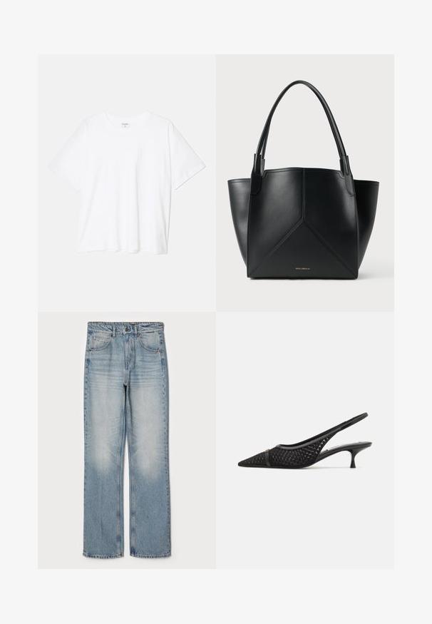 Fehér pamut póló rövid ujjal, kerek nyakkivágással, laza fazonnal és varrott szegéllyel. Címke látható a belső nyakrészén.; Világoskék farmernadrág, egyenes szabású, magas derékkal, öt zsebes kialakítással, finom kopással a combokon és a térdeken.; Fekete slingback magassarkú cipők, hegyes orral, texturált anyagú felsőrésszel, alacsony kitten sarkúval és dekoratív pánttal az elején.; Fekete bőr totes táska geometrikus mintával, két füllel és aranyszínű logóval az elején. Simább textúra és strukturált forma.