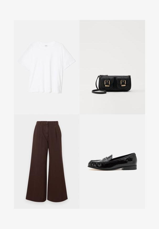 White cotton t-shirt with short sleeves, round neckline, relaxed fit, and stitched hem. Label visible on the inside neck.; High-waist wide-leg brown pants with button and zipper closure, belt loops, and front pleats.; Black patent leather loafers with a rounded toe, fringe detail, and a low block heel. The surface has a glossy finish.; Black leather crossbody bag with two front pockets, gold buckles, zipper closure, and a slim strap. Textured surface and compact rectangular shape.