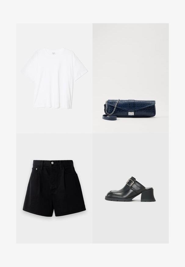 Tricou alb din bumbac, cu mâneci scurte, guler rotund, croi lejer și tiv cusut. Eticheta este vizibilă pe interiorul gulerului.; Şorturi negre din denim cu o croială dreaptă, dotate cu o închidere prin buton, două buzunare în față și un material moale, texturat.; Mule din piele neagră cu toc pătrat, având vârful rotund, decorat cu o cataramă argintie și un finisaj texturat pe partea superioară.; Plică din piele de culoare bleumarin, cu textură de crocodil, curea din lanț argintie și clapetă metalică. Formă rectangulară cu design pliabil.