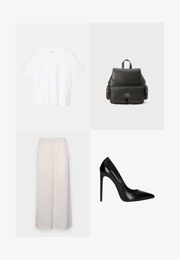 Bílý bavlněný tričko s krátkým rukávem, kulatým výstřihem, volným střihem a šitým lemem. Nálepka viditelná na vnitřní straně výstřihu.; Svetle béžové kalhoty širokého střihu s elastickým pasem. Hladká tkanina, plná délka, žádné viditelné ozdoby nebo vzory.; Černé kožené lodičky na vysokém podpatku s špičatou špičkou a hladkým povrchem. Vyznačují se elegantní siluetou a stiletto podpatkem.; Černý kožený batoh s klopou, přední kapsou, bočními zipovými přihrádkami a horní rukojetí. Na přední straně je umístěno logo.