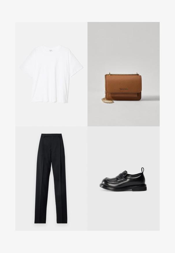 Biała bawełniana koszulka z krótkim rękawem, okrągłym dekoltem, luźnym krojem i przeszytym brzegiem. Metka widoczna wewnątrz dekoltu.; Czarne spodnie wykonane z gładkiego materiału, z wysokim stanem, szerokimi nogawkami, fałdami z przodu i klasycznymi szlufkami na pasek. Brak widocznych kieszeni bocznych.; Czarna skórzana mokasyna z paskiem wzdłuż góry, okrągłym noskiem, niskim obcasem i pętelką z tyłu na jednolitym tle.; Brązowa skórzana torba na ramię z teksturą, z złotym łańcuszkiem i zapięciem na klapkę. Z przodu znajduje się detal z logo oraz kieszeń pod klapką.