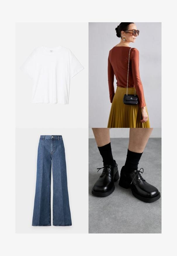 Valkoinen puuvillapaita lyhyillä hihoilla, pyöreällä pääntiellä, rentoa tyyliä ja ommeltu helma. Tunniste näkyvissä sisäkauluksessa.; Siniset leveälahkeiset farkut, joissa on korkea vyötärö, perinteinen viisi-taskumalli ja nappikiinnitys, valmistettu teksturoidusta puuvillakankaasta.; MIISTA ALTHEA BROGUES - Nauhakengät - black; Vivienne Westwood SMALL PURSE CHAIN - Olkalaukku - black