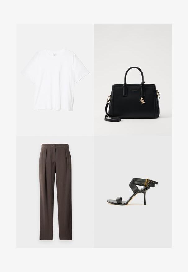 Biała bawełniana koszulka z krótkim rękawem, okrągłym dekoltem, luźnym krojem i przeszytym brzegiem. Metka widoczna wewnątrz dekoltu.; Ciemnobrązowe spodnie proste z delikatnym wzorem w zygzak, z plisami z przodu i paskiem, lewe płasko na białym tle.; Czarne sandały na obcasie z krzyżującymi się paskami i regulowanym zapięciem. Charakteryzują się gładką teksturą i zwężanym obcasem w kształcie szpilki.; Czarna skórzana torebka o strukturalnym designie, z dwiema górnymi uchwytami, odpinanym paskiem na ramię, złotymi akcesoriami i zawieszką z logo.