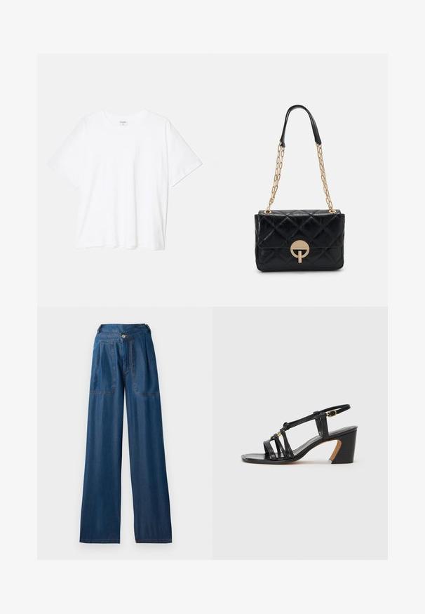 Camiseta de algodón blanca con mangas cortas, escote redondo, corte relajado y dobladillo cosido. Etiqueta visible en el interior del cuello.; Pantalones vaqueros de pierna ancha en azul oscuro, hechos de denim, que presentan dos bolsillos frontales, un cierre de botón y detalles de costura en naranja contrastante.; Paul Smith AMIRA - Tacones - black; Bolso de mano de piel negra acolchada con una correa de cadena dorada, que presenta un detalle de cierre circular. Forma rectangular compacta con una textura suave.