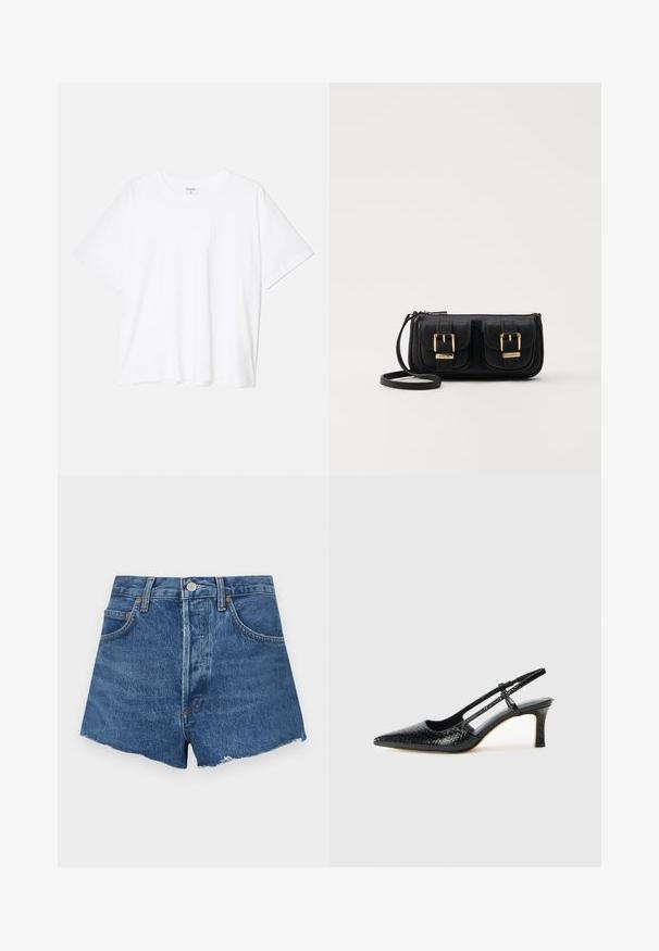 Balta medvilnės marškinėliai trumpomis rankovėmis, apvalia iškirpte, laisvo kirpimo ir su siūtu kraštu. Etiketė matoma vidinėje iškirptės pusėje.; Vidutinio mėlynumo džinsiniai šortai su išplėšytu viduriu, turintys priekines kišenes ir užtrauktuką. Sunkus audinys su nedideliu nudilimu.; Juodai lakuoti slingback aukštakulniai su smailiu nosiu, su tekstūruotu gyvatės raštu, reguliuojama juosta ir trumpu, tekstūruotu blokiniu kulnu.; Juodas odinis per petį nešiojamas krepšys su dviem priekiniais kišenėmis, auksiniais sagtimis, užtrauktuko uždarymu ir siauromis petnešomis. Textūruota paviršius ir kompaktiškas stačiakampis formatas.