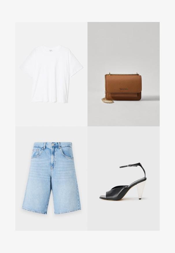 Valkoinen puuvillapaita lyhyillä hihoilla, pyöreällä pääntiellä, rentoa tyyliä ja ommeltu helma. Tunniste näkyvissä sisäkauluksessa.; Vaaleansiniset farkkushortsit, joissa on korkea vyötärö, kaksi etutaskua, nappikiinnitys ja suorat, leveät lahkeet. Vaaleaa kulumista ympäriinsä.; Mustat nahkaiset korkokengät avonaisella varpaalla, epäsymmetrinen muotoilu, nilkkaremmi ja metallinen kartiomallinen korko. Tasainen pinta kauttaaltaan.; Ruskean teksturoidun nahkasta valmistettu crossbody-laukku, jossa on kultaketjuhihna ja läppäkiinnitys. Edessä on logodetail ja tasku läppäisen alla.